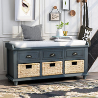 Rustic Storage Bench with 3 Drawers and 3 Rattan Baskets Shoe Bench for Living Room Entryway Antique Navy