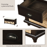 Rustic Storage Bench with 3 Drawers and 3 Rattan Baskets Shoe Bench for Living Room Entryway Espresso