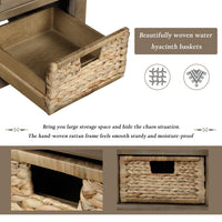 Rustic Storage Bench with 3 Drawers and 3 Rattan Baskets Shoe Bench for Living Room Entryway White Washed