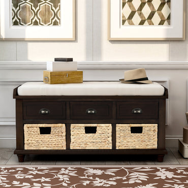 Rustic Storage Bench with 3 Drawers and 3 Rattan Baskets Shoe Bench for Living Room Entryway Espresso