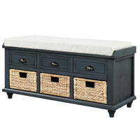 Rustic Storage Bench with 3 Drawers and 3 Rattan Baskets Shoe Bench for Living Room Entryway Antique Navy