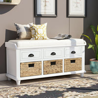 Rustic Storage Bench with 3 Drawers and 3 Rattan Baskets Shoe Bench for Living Room Entryway White