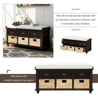 Rustic Storage Bench with 3 Drawers and 3 Rattan Baskets Shoe Bench for Living Room Entryway Espresso