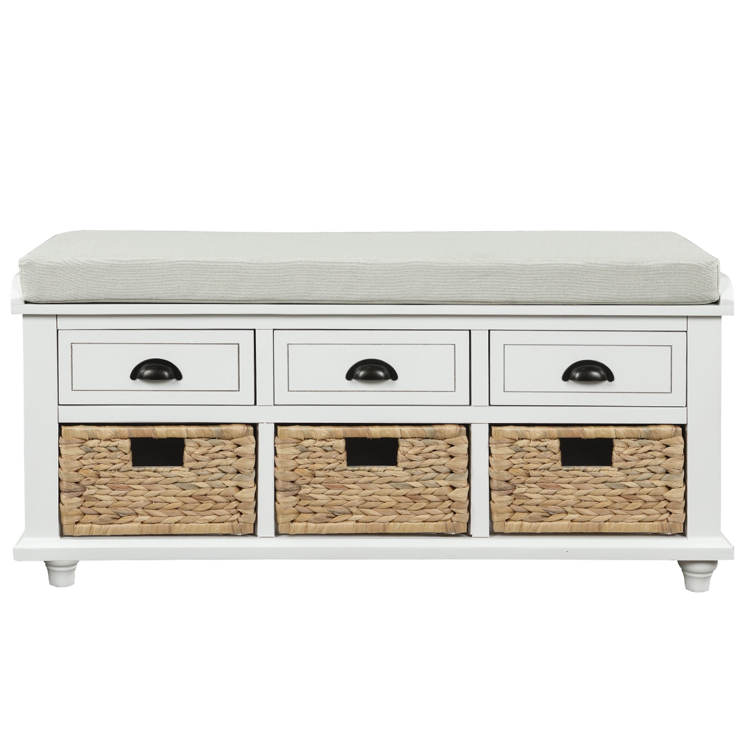 Rustic Storage Bench with 3 Drawers and 3 Rattan Baskets Shoe Bench for Living Room Entryway White