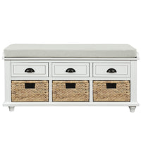 Rustic Storage Bench with 3 Drawers and 3 Rattan Baskets Shoe Bench for Living Room Entryway White