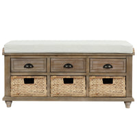 Rustic Storage Bench with 3 Drawers and 3 Rattan Baskets Shoe Bench for Living Room Entryway White Washed