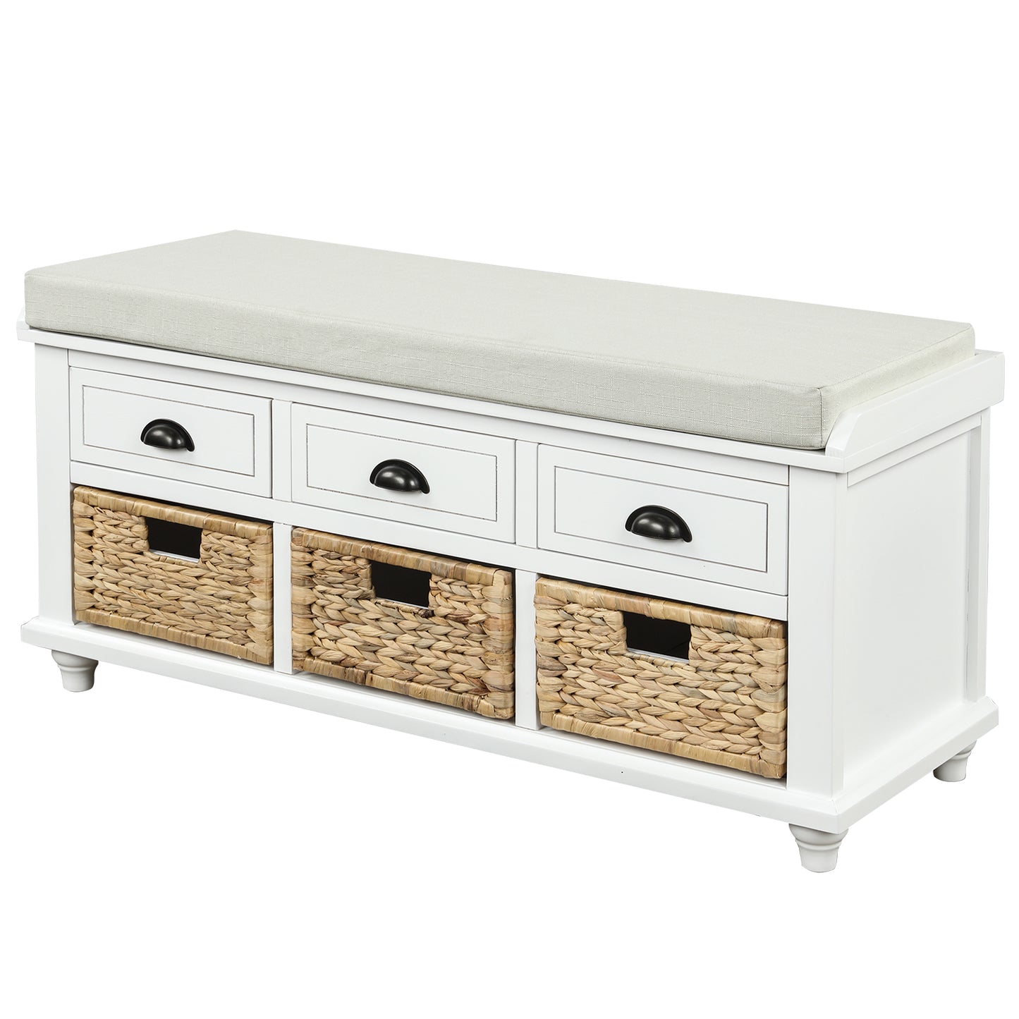 Rustic Storage Bench with 3 Drawers and 3 Rattan Baskets Shoe Bench for Living Room Entryway White