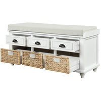 Rustic Storage Bench with 3 Drawers and 3 Rattan Baskets Shoe Bench for Living Room Entryway White