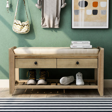 Shoe Rack with Cushioned Seat and Drawers Multipurpose Entryway Storage Bench Gray Wash