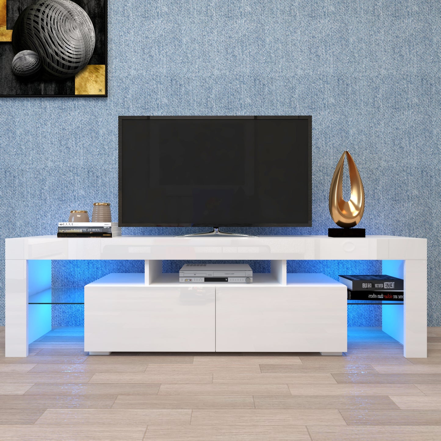 Modern White TV Stand with 20 Color LED Lights & Remote Control - Stylish Entertainment Center