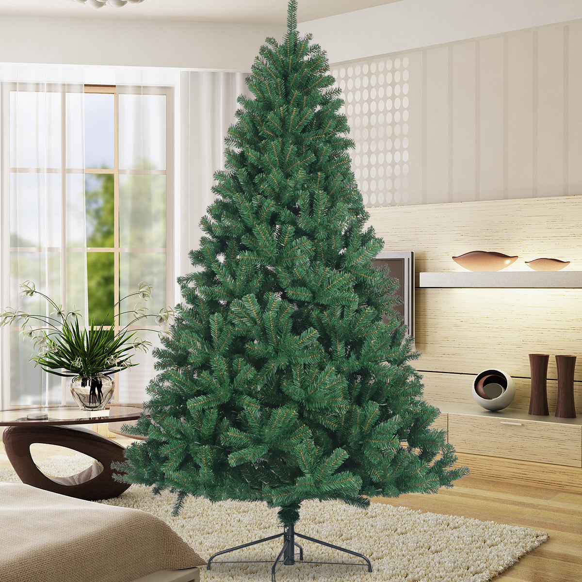 Artificial Christmas Tree 7.5ft Full Natural Spruce PVC Fir Tree Metal Stand Unlit Green