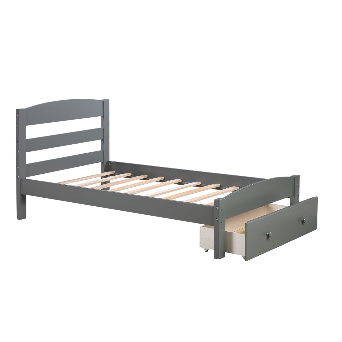 Twin Bed Frame with Storage Drawer and Wood Slat Support No Box Spring Needed Gray