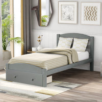 Twin Bed Frame with Storage Drawer and Wood Slat Support No Box Spring Needed Gray