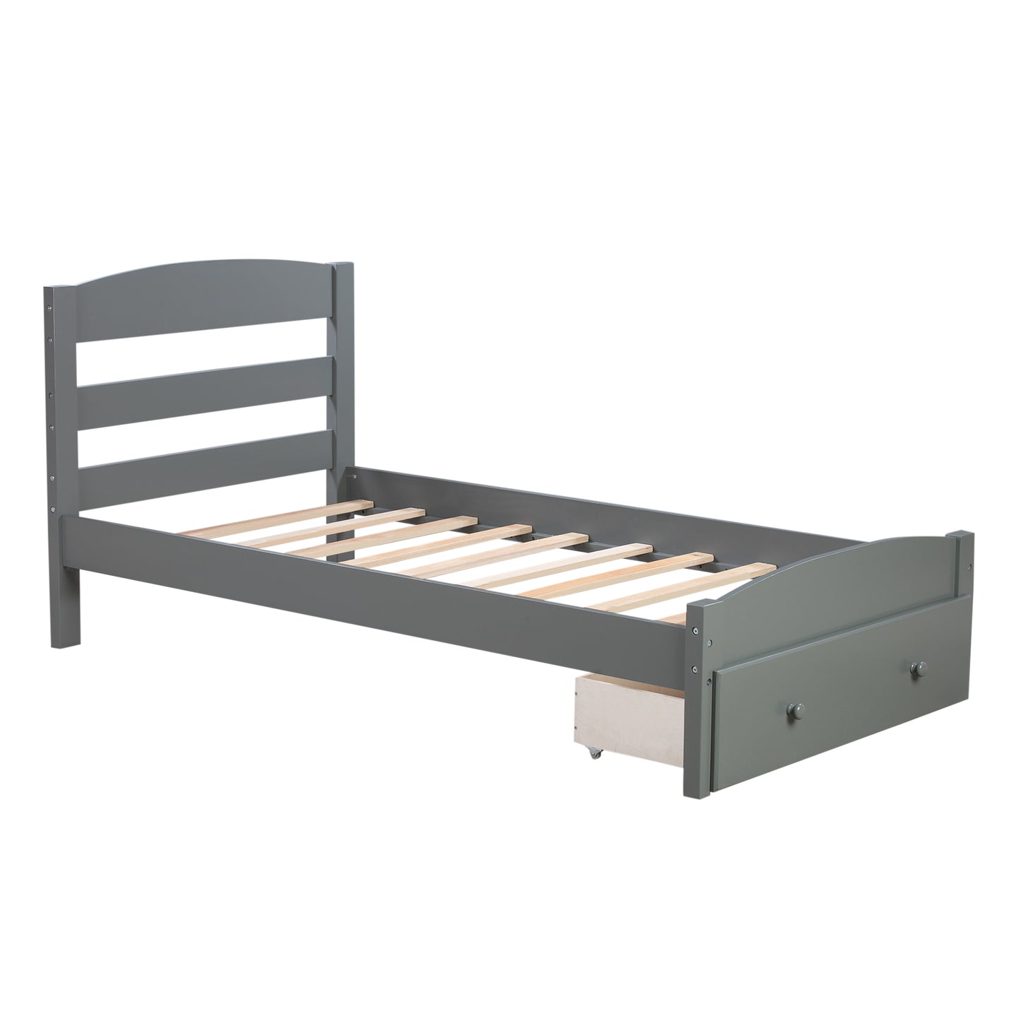 Twin Bed Frame with Storage Drawer and Wood Slat Support No Box Spring Needed Gray