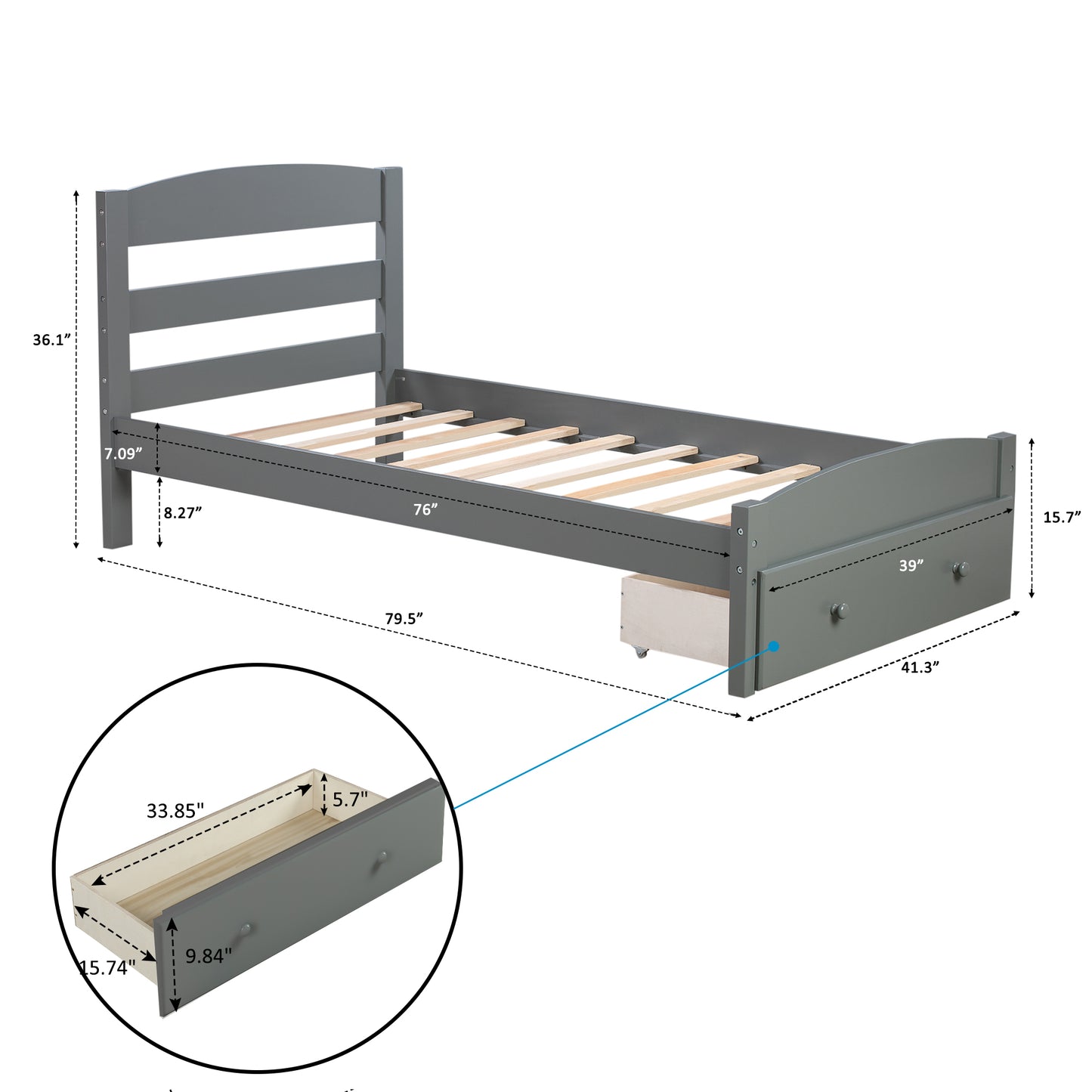 Twin Bed Frame with Storage Drawer and Wood Slat Support No Box Spring Needed Gray