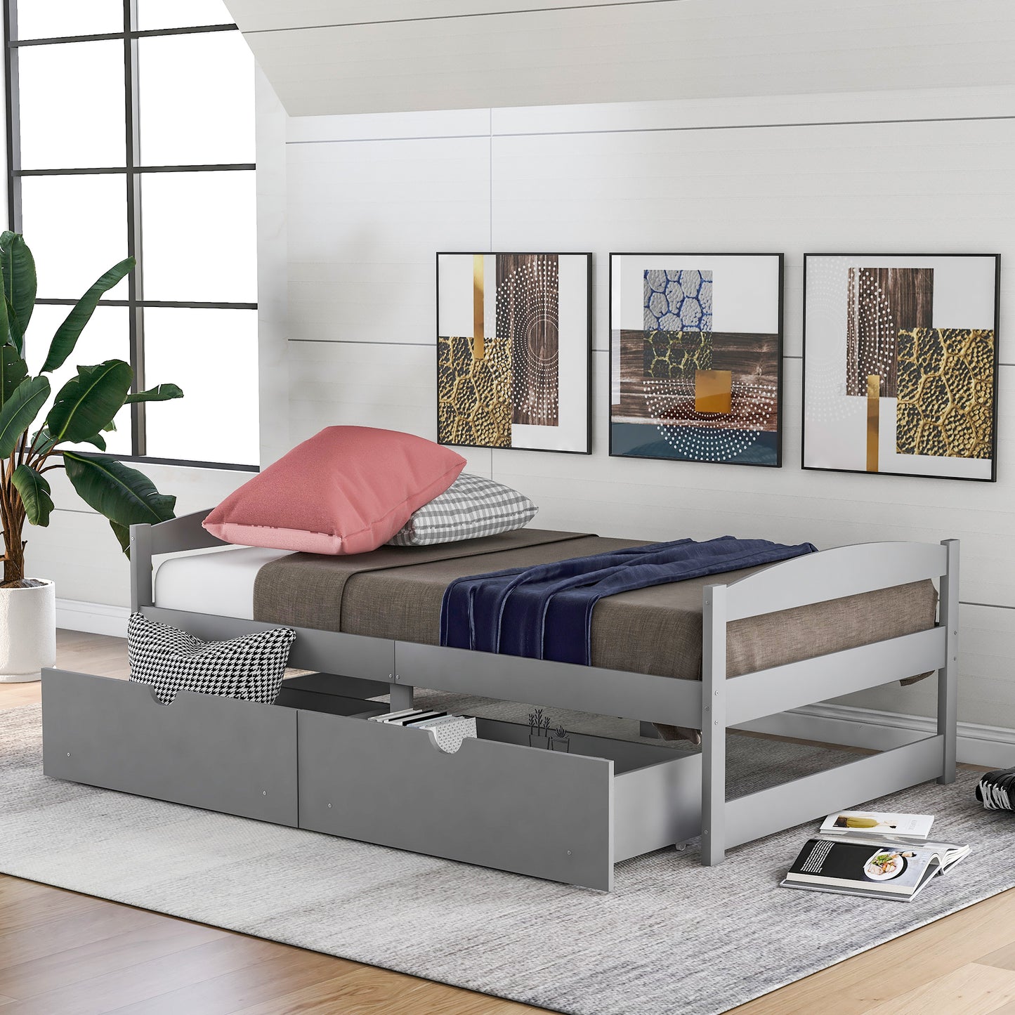 Twin Size Platform Bed, With Two Drawers