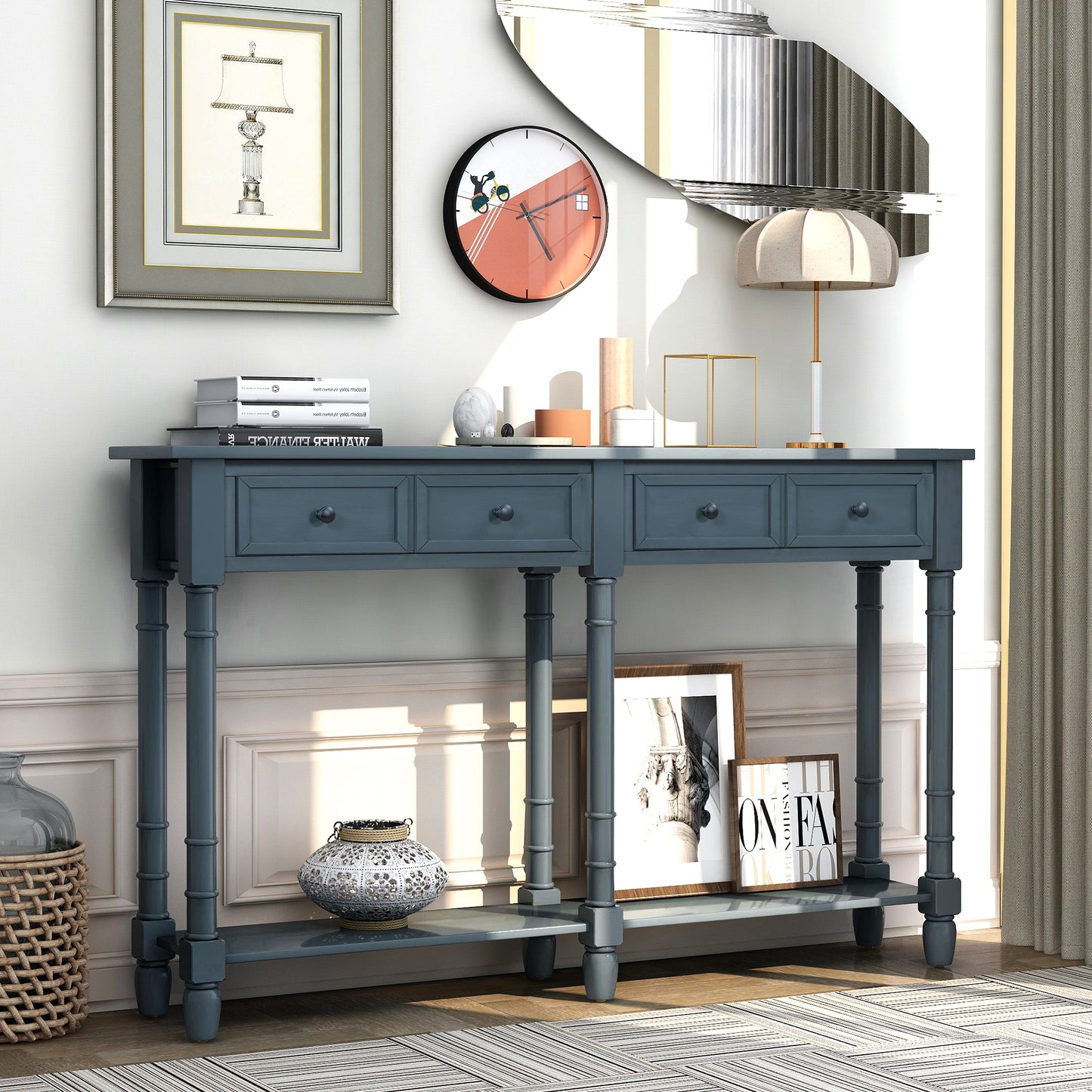 Console Table Sofa Table Easy Assembly with Two Storage Drawers and Bottom Shelf for Living Room Entryway Antique Navy