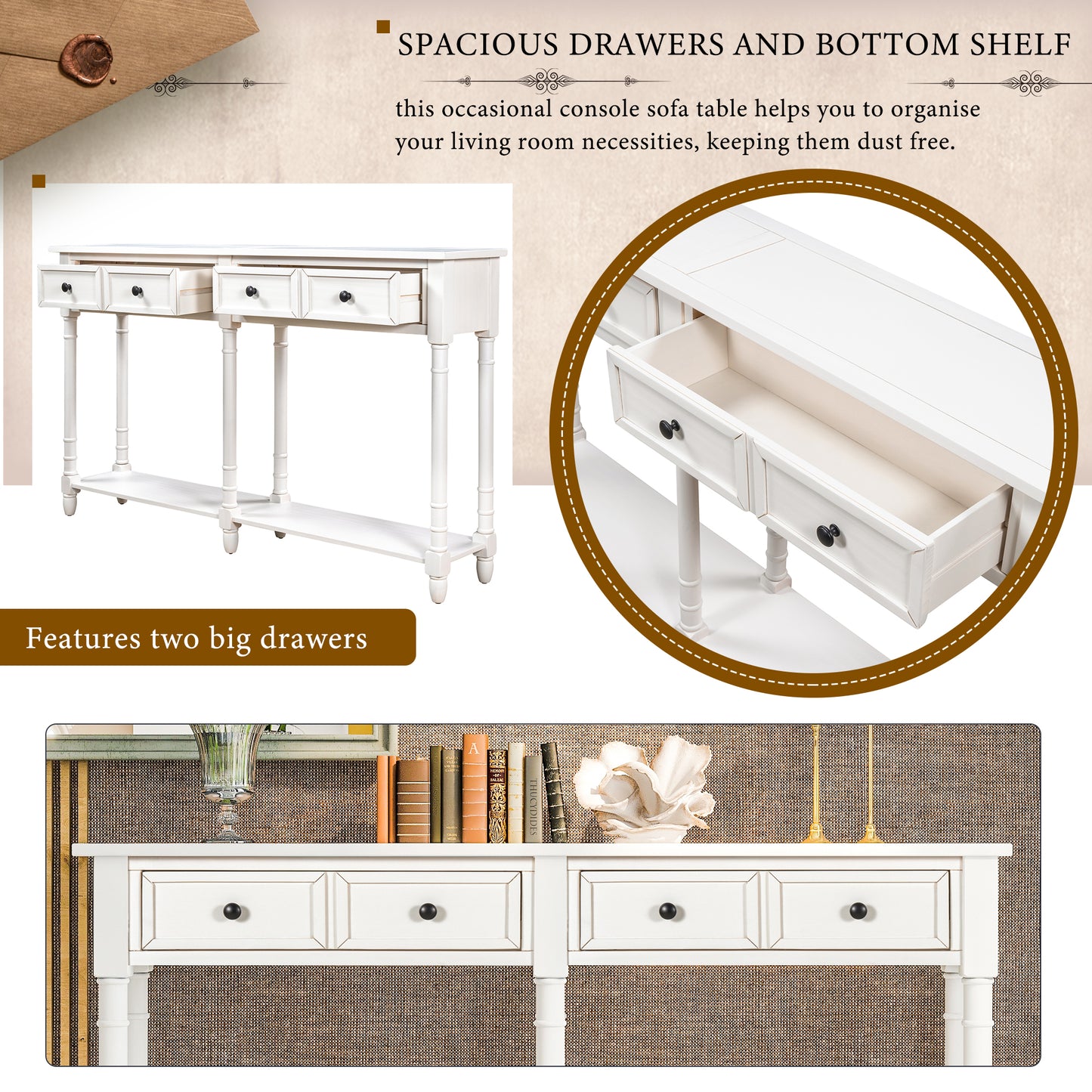 Console Table Sofa Table Easy Assembly with Two Storage Drawers and Bottom Shelf for Living Room Entryway Ivory White