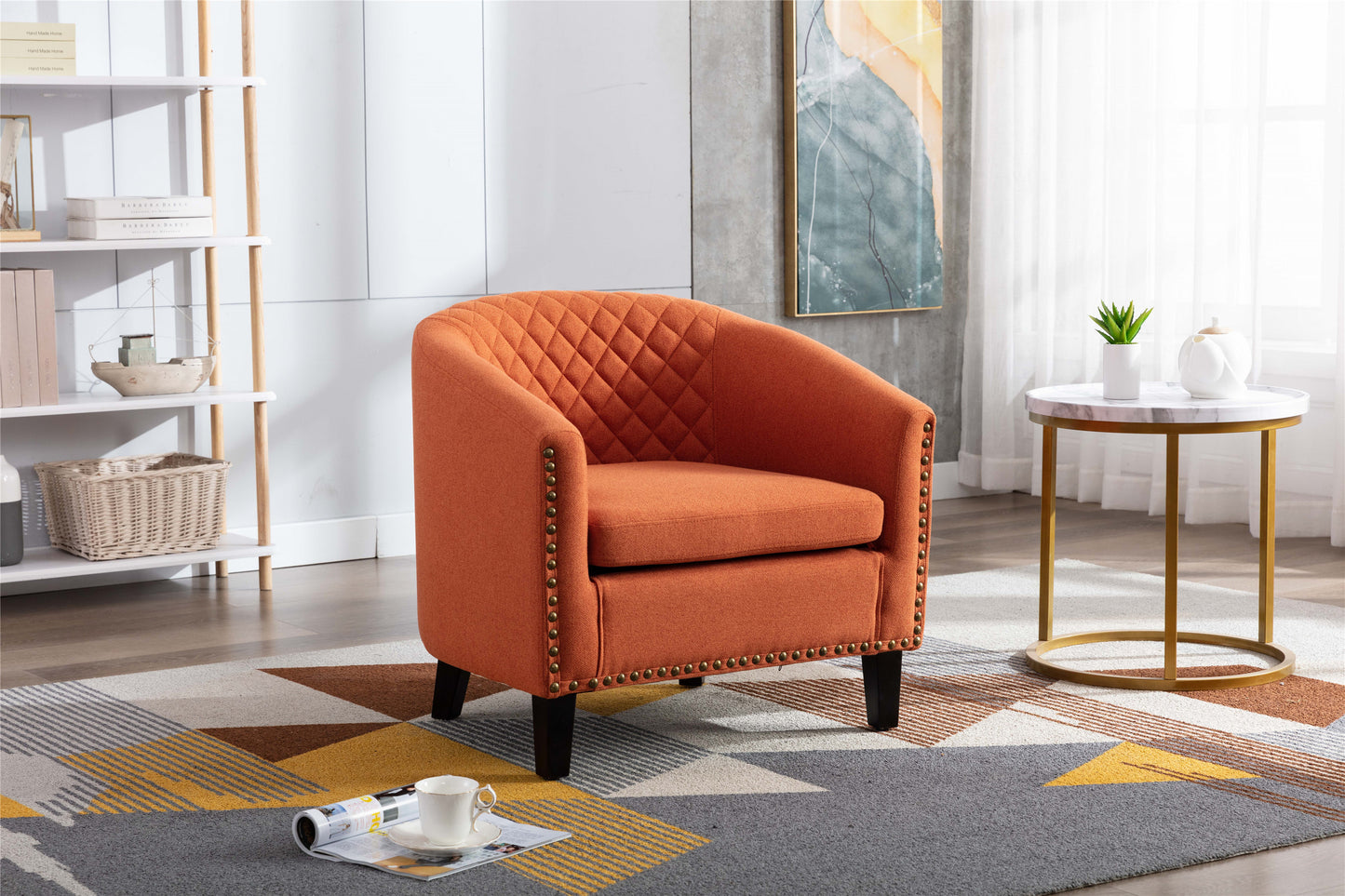 Barrel Chair with Soft Padded Armrest and Solid Wood Legs for Living Room Bedroom Waiting Room Orange Linen