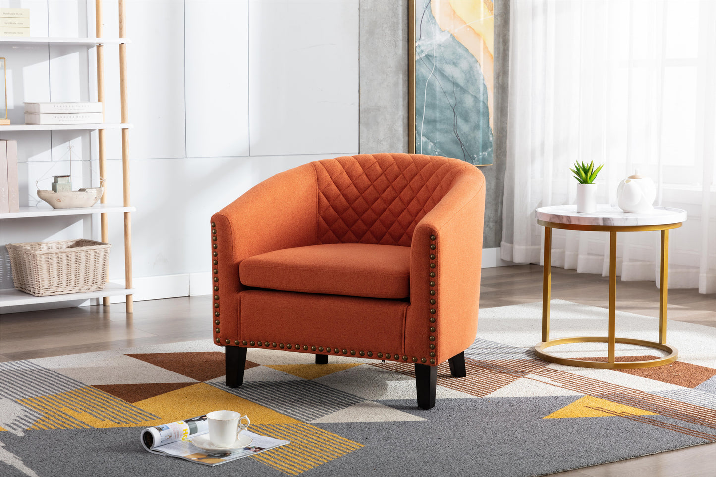 Barrel Chair with Soft Padded Armrest and Solid Wood Legs for Living Room Bedroom Waiting Room Orange Linen