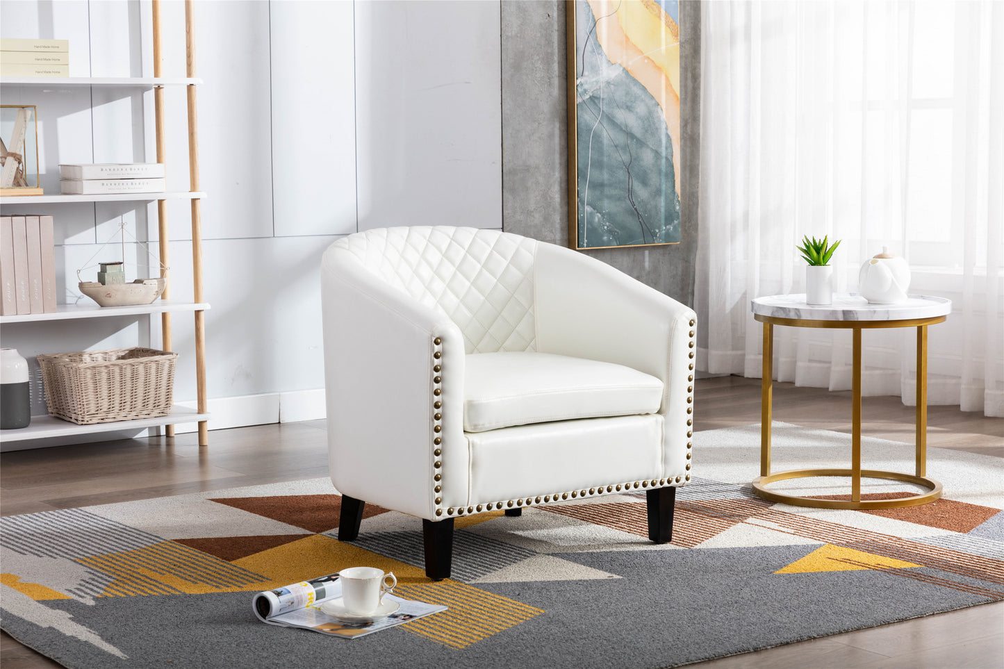 Barrel Chairs with Soft Padded Armrest and Solid Wood Legs for Living Room Bedroom Waiting Room White PU