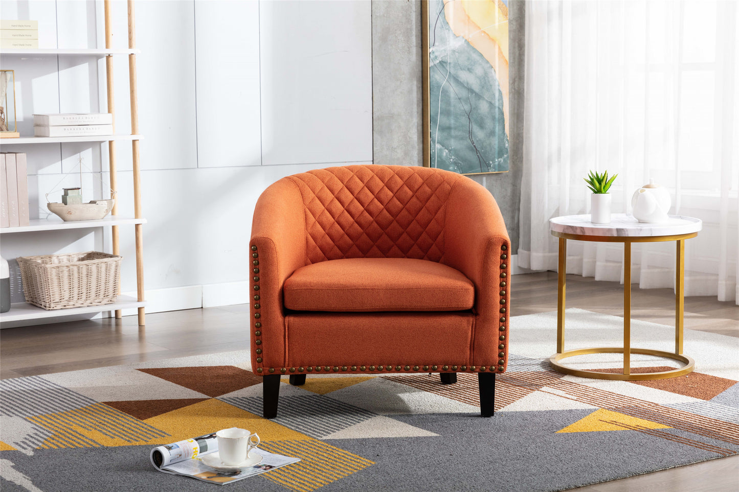 Barrel Chair with Soft Padded Armrest and Solid Wood Legs for Living Room Bedroom Waiting Room Orange Linen