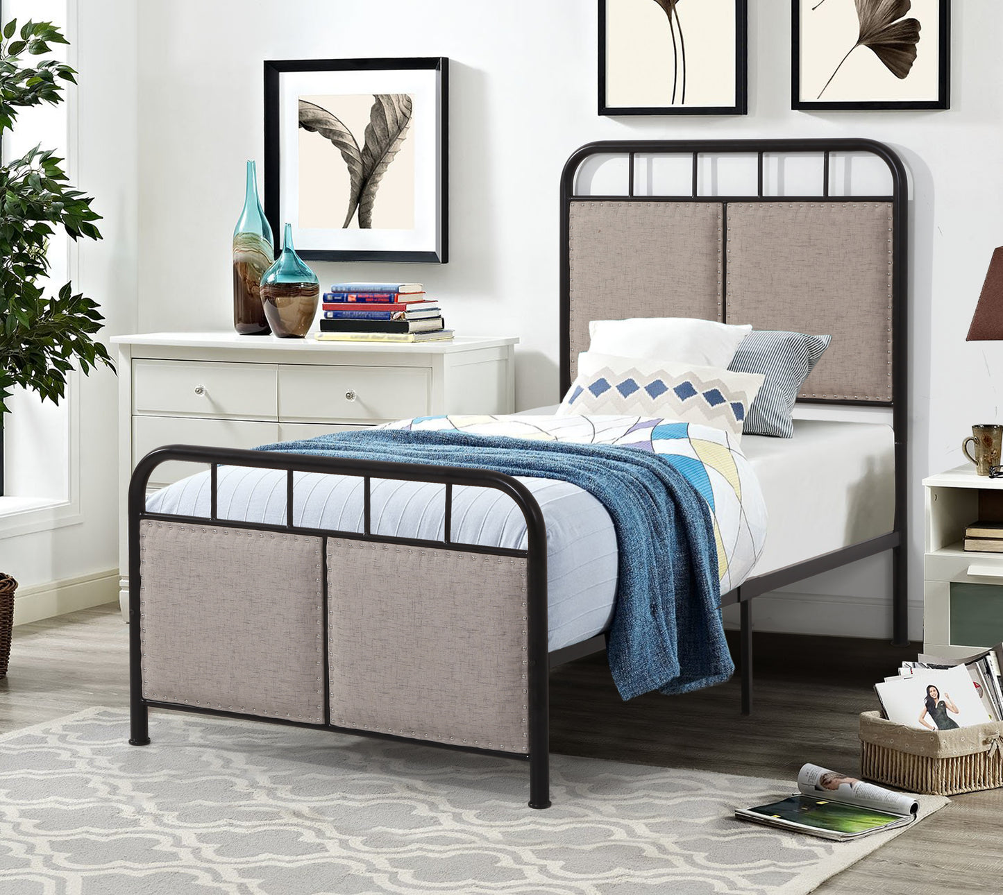 Twin Size Linen Upholstered Platform Metal Bed Frame