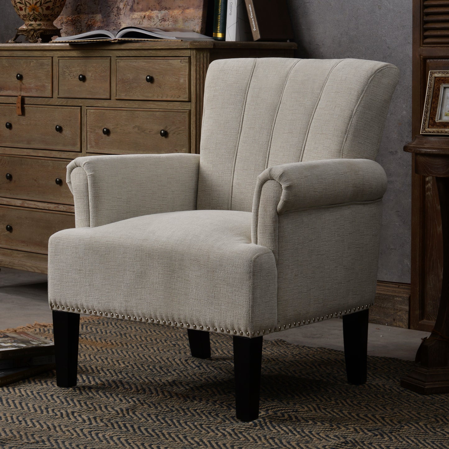 Elegant Cream Accent Armchair with Rivet Tufted Design, Soft Polyester Upholstery, Stylish Living Room Furniture