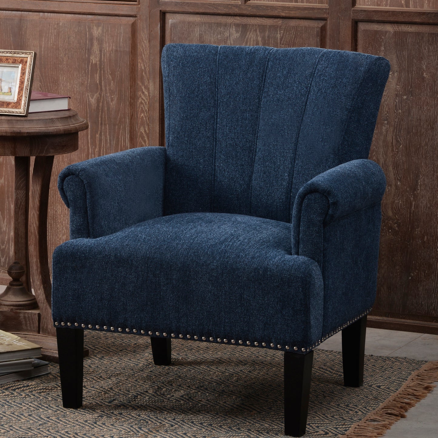 Navy Blue Accent Rivet Tufted Polyester Armchair - Stylish Upholstered Chair for Living Room, Bedroom, or Office Seating