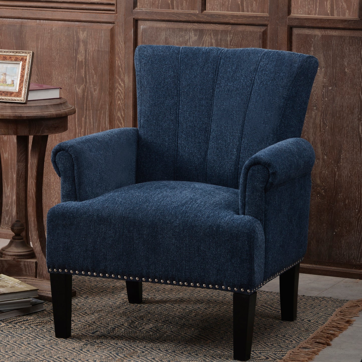 Navy Blue Accent Rivet Tufted Polyester Armchair - Stylish Upholstered Chair for Living Room, Bedroom, or Office Seating