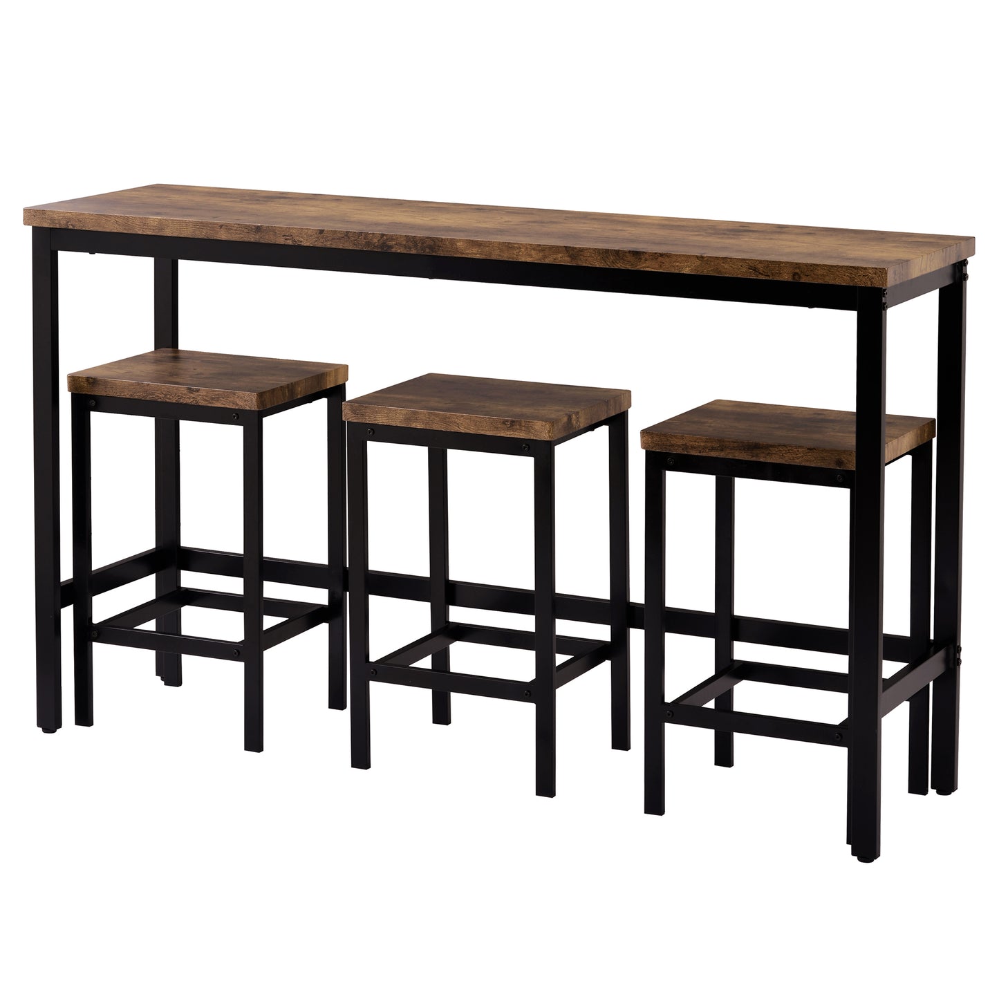 Extra Long Counter Height Dining Table Set with 3 Stools, Pub Kitchen Side Table with Footrest, Brown Finish