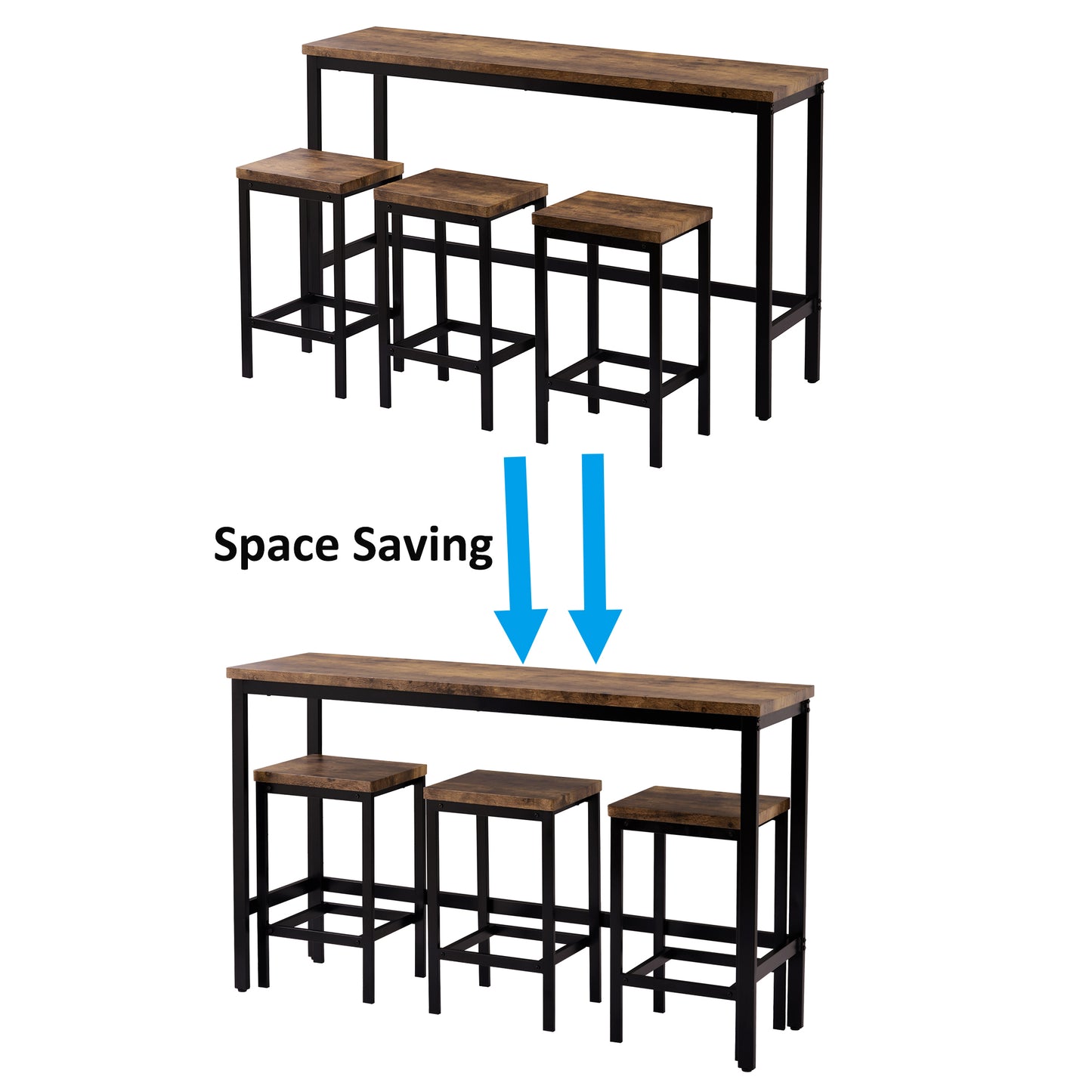 Extra Long Counter Height Dining Table Set with 3 Stools, Pub Kitchen Side Table with Footrest, Brown Finish