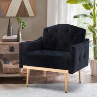 Modern Accent Chair with Arms, Tufted Fabric Armchair with Gold Metal Legs, Upholstered Reading Chair - Black