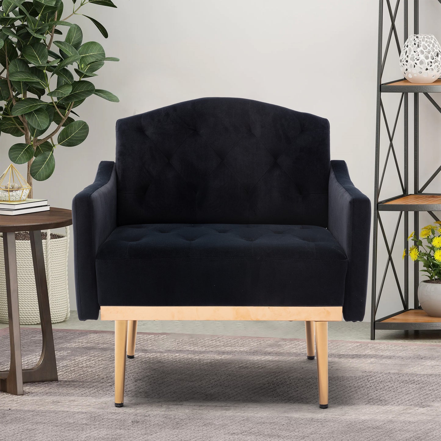 Modern Accent Chair with Arms, Tufted Fabric Armchair with Gold Metal Legs, Upholstered Reading Chair - Black