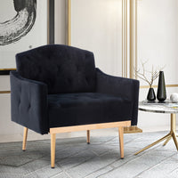 Modern Accent Chair with Arms, Tufted Fabric Armchair with Gold Metal Legs, Upholstered Reading Chair - Black