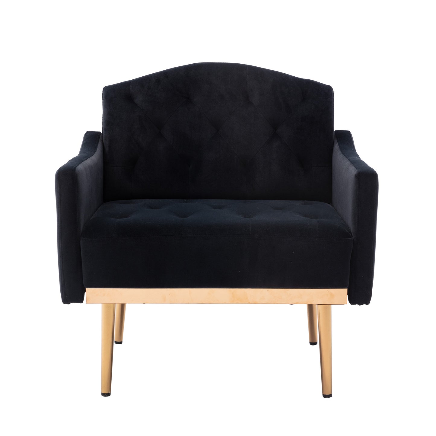 Modern Accent Chair with Arms, Tufted Fabric Armchair with Gold Metal Legs, Upholstered Reading Chair - Black