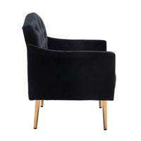 Modern Accent Chair with Arms, Tufted Fabric Armchair with Gold Metal Legs, Upholstered Reading Chair - Black