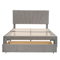 Queen Size Velvet Upholstered Platform Storage Bed with Large Drawer - Beige