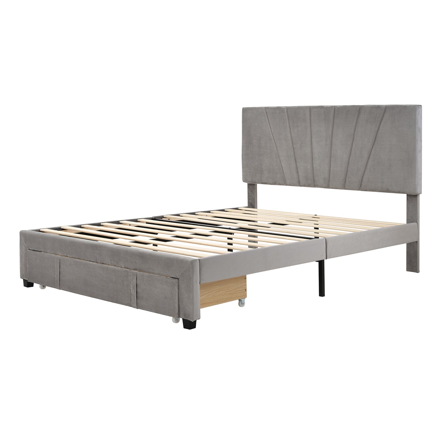 Queen Size Velvet Upholstered Platform Storage Bed with Large Drawer - Beige