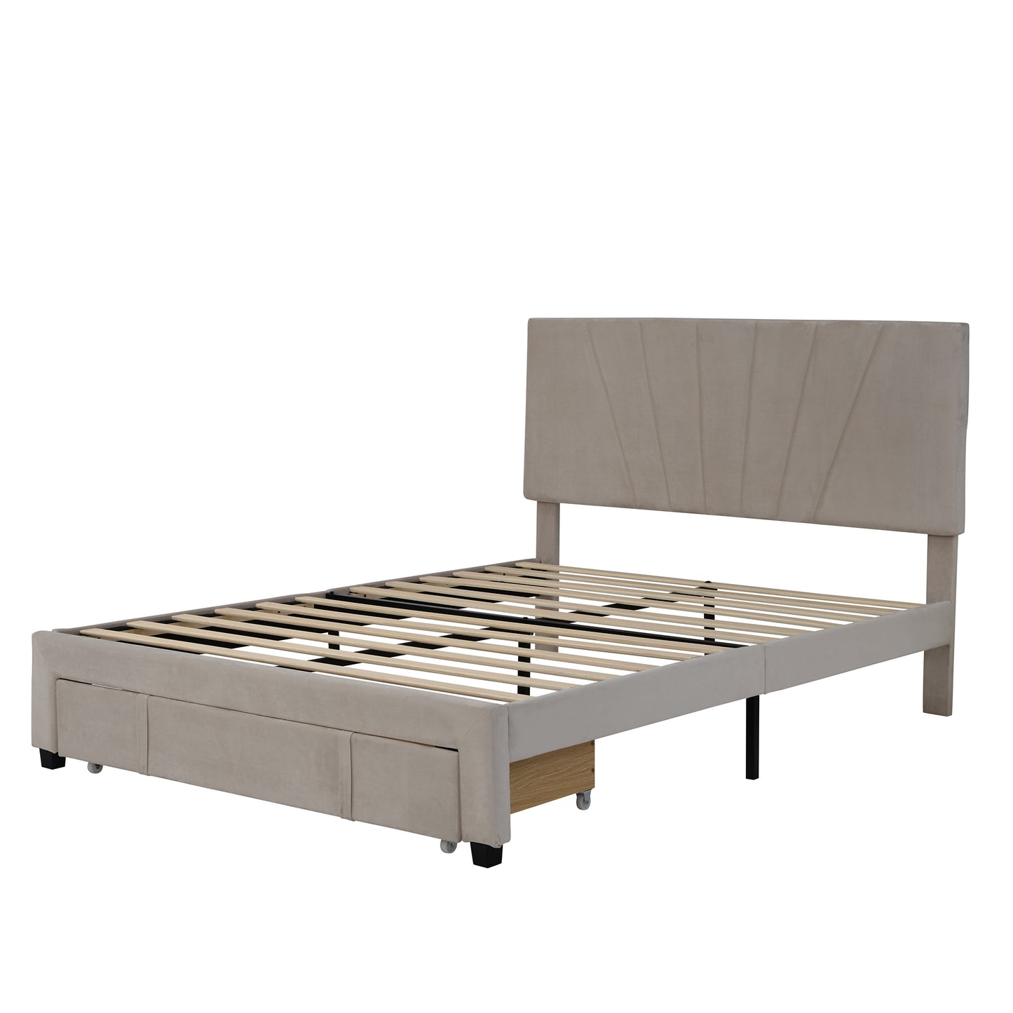 Queen Size Velvet Upholstered Platform Storage Bed with Large Drawer - Beige