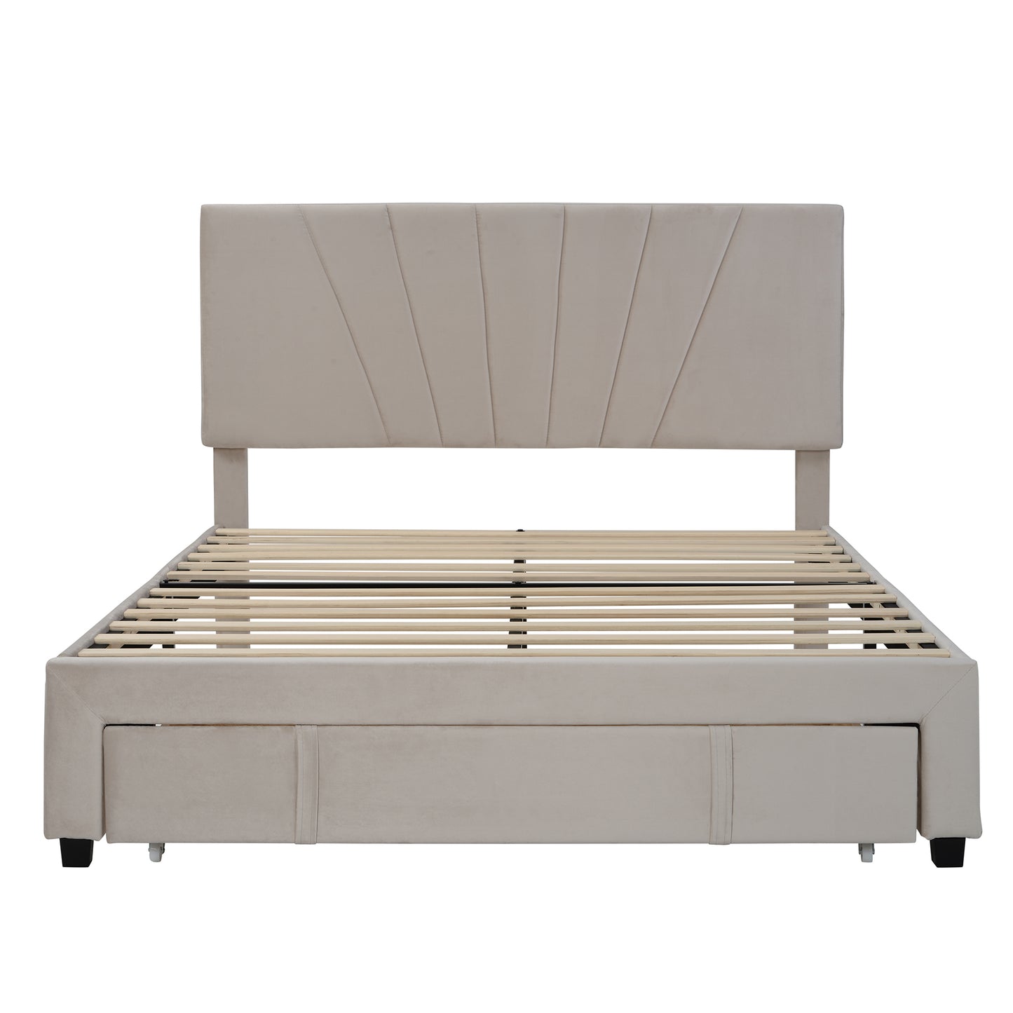 Queen Size Velvet Upholstered Platform Storage Bed with Large Drawer - Beige