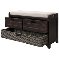 Storage Bench with Removable Basket and 2 Drawers, Fully Assembled Shoe Bench with Cushion, Espresso Finish