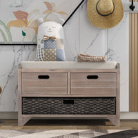 Storage Bench with Removable Basket & 2 Drawers, Fully Assembled Shoe Bench with Cushion - White Washed Home Décor