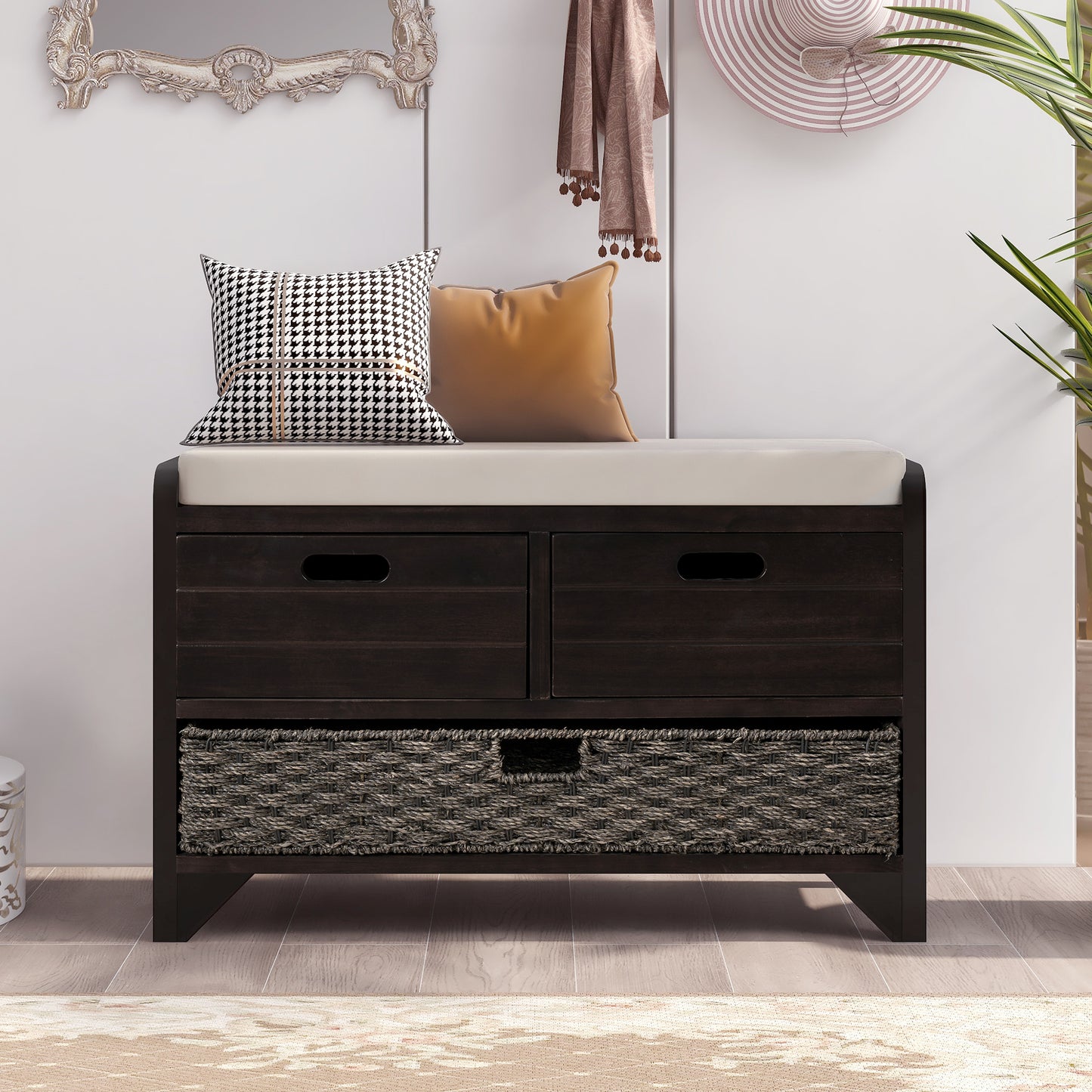 Storage Bench with Removable Basket and 2 Drawers, Fully Assembled Shoe Bench with Cushion, Espresso Finish