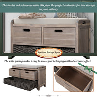 Storage Bench with Removable Basket & 2 Drawers, Fully Assembled Shoe Bench with Cushion - White Washed Home Décor