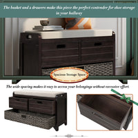 Storage Bench with Removable Basket and 2 Drawers, Fully Assembled Shoe Bench with Cushion, Espresso Finish