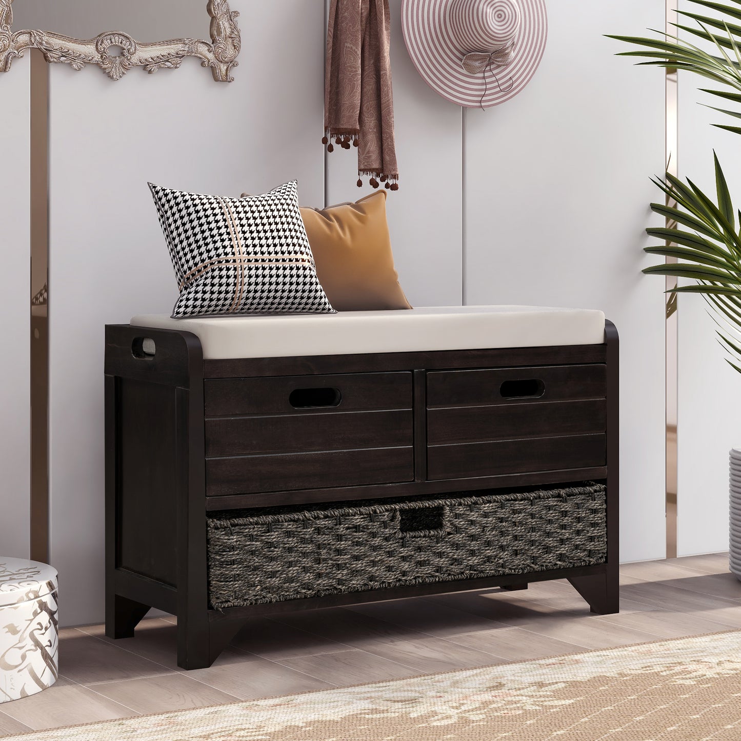 Storage Bench with Removable Basket and 2 Drawers, Fully Assembled Shoe Bench with Cushion, Espresso Finish