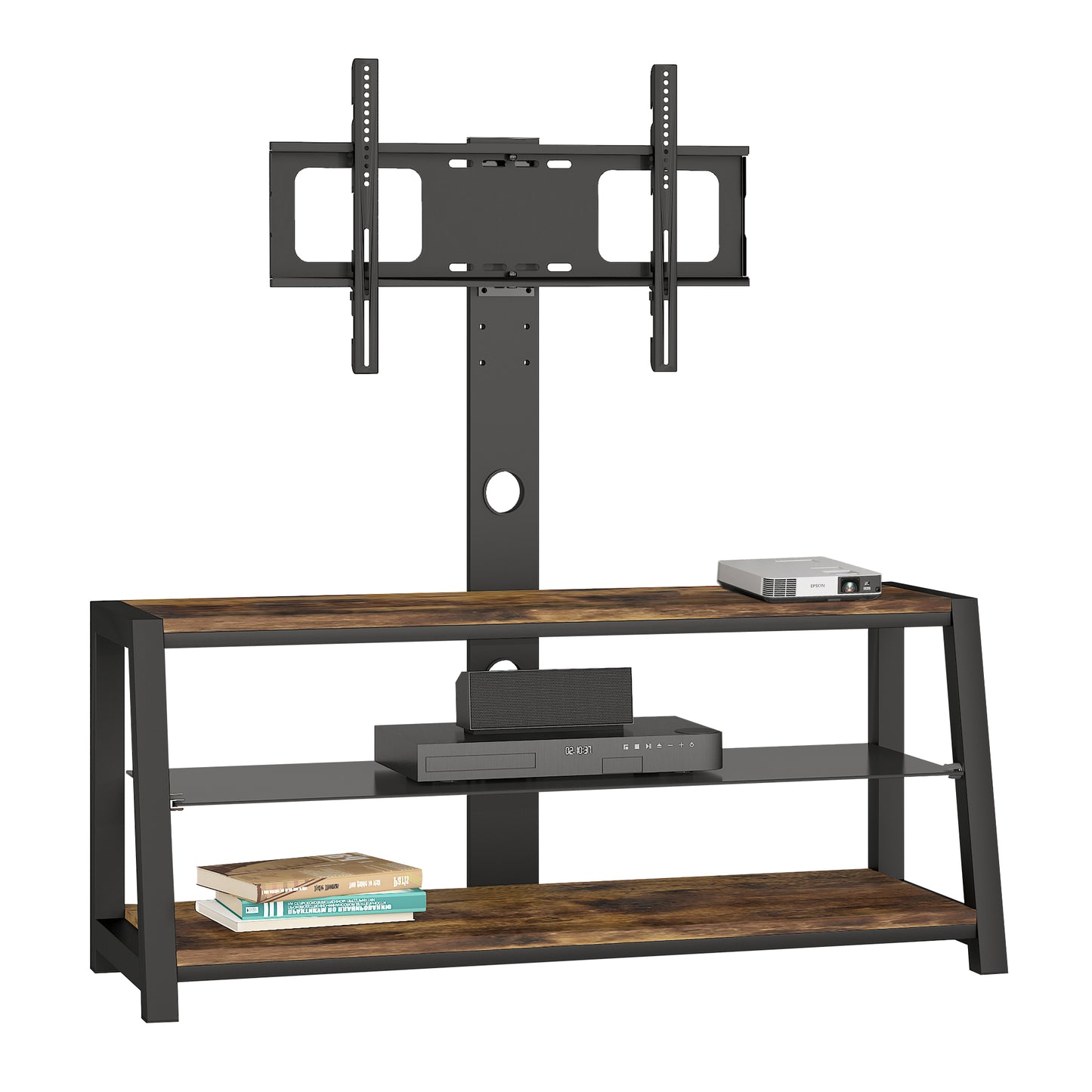 Height Adjustable Universal Swivel TV Stand with Black Wooden Storage & Tempered Glass for Entertainment Center