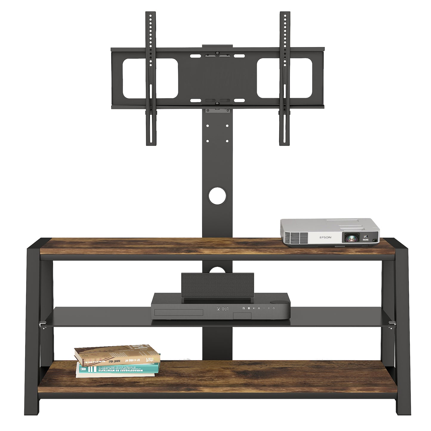 Height Adjustable Universal Swivel TV Stand with Black Wooden Storage & Tempered Glass for Entertainment Center