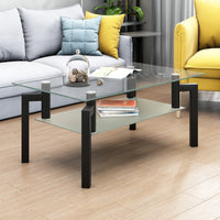 Modern Rectangle Black Glass Coffee Table - Clear Top Center Table for Living Room, Stylish Side Table Furniture